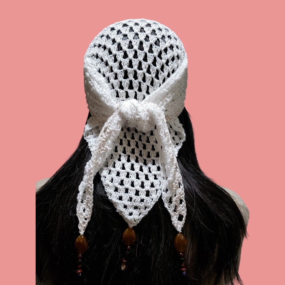 Handmade Crochet Knit Bandana Cottage Mystic Fairy Boho Coquette Bead White